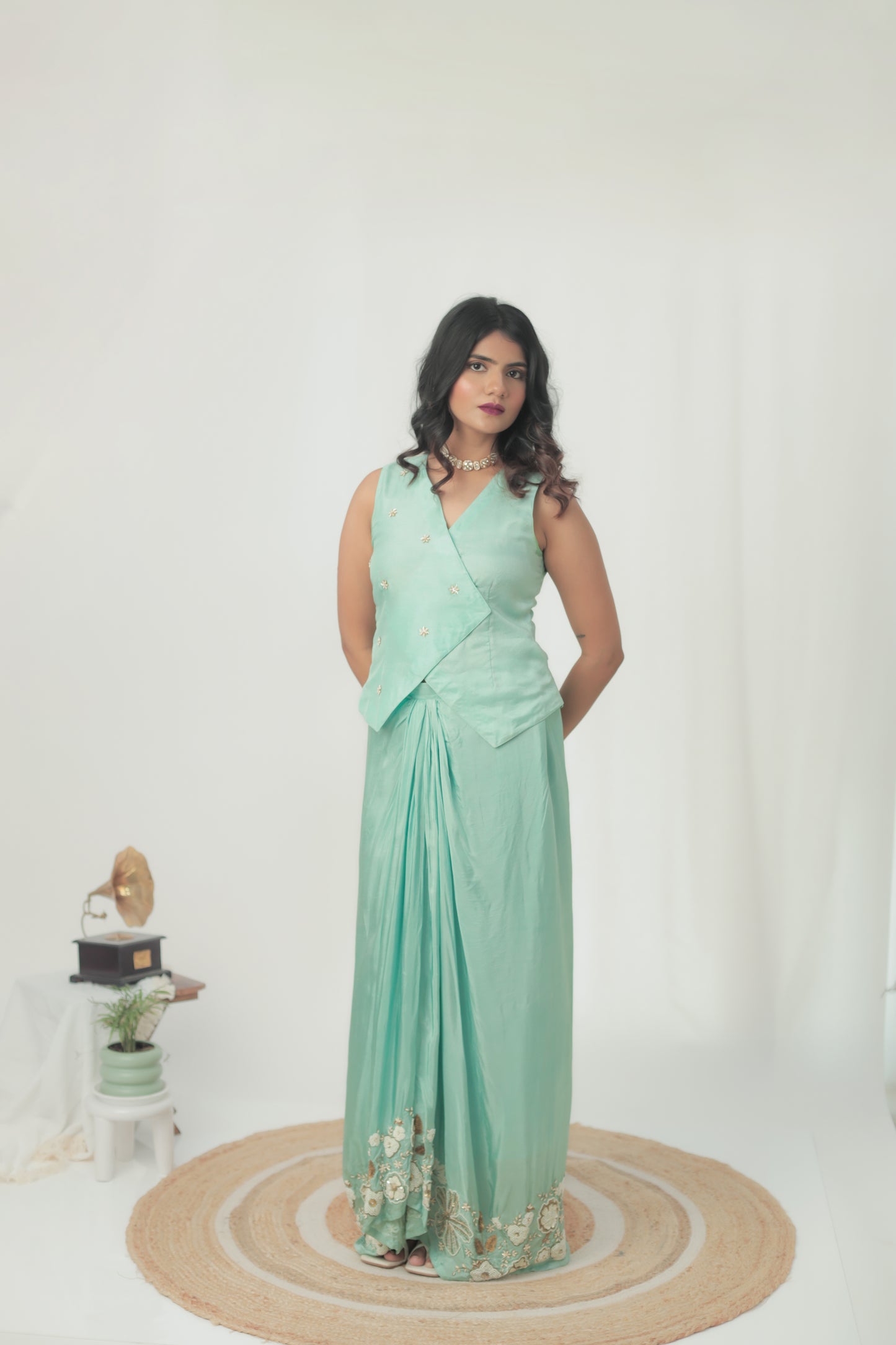 Tara Light Cyan Drape Skirt Set