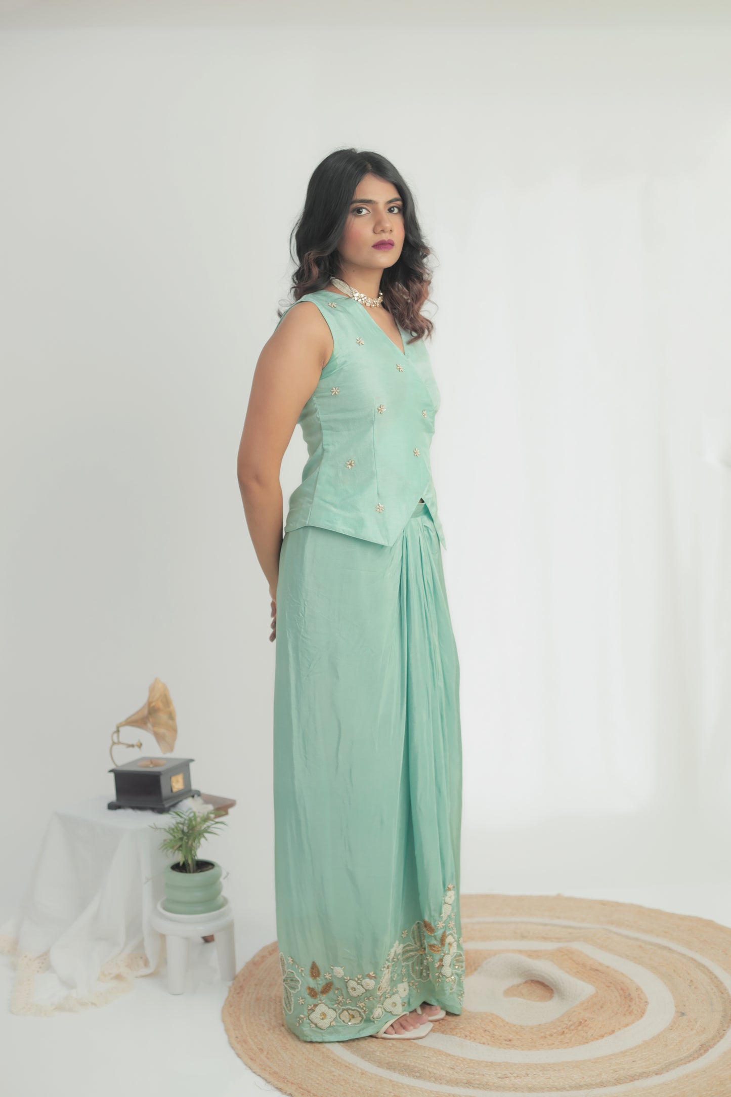 Tara Light Cyan Drape Skirt Set