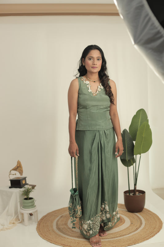 Sona Sage Green Drape Skirt Set