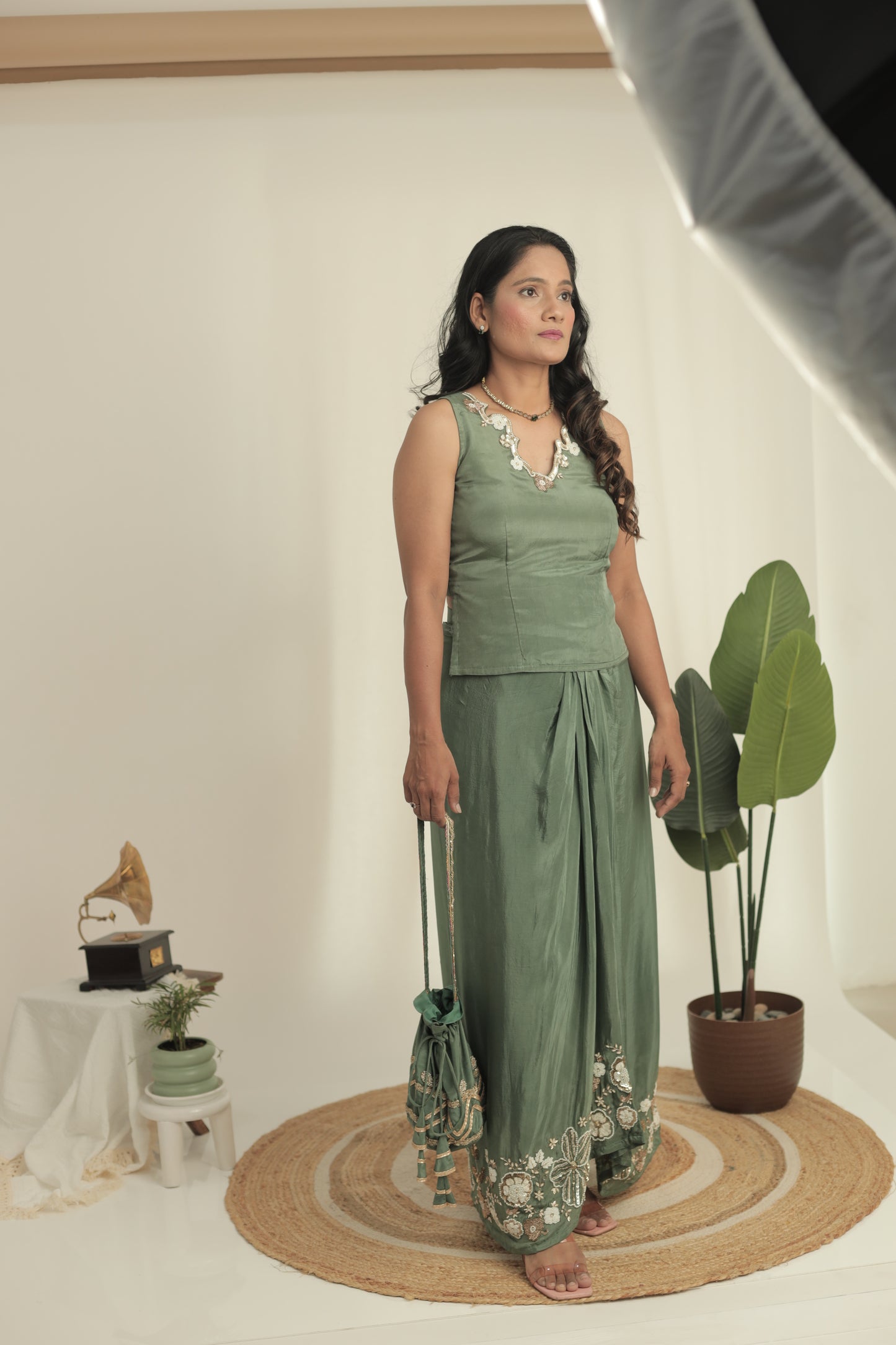 Sona Sage Green Drape Skirt Set