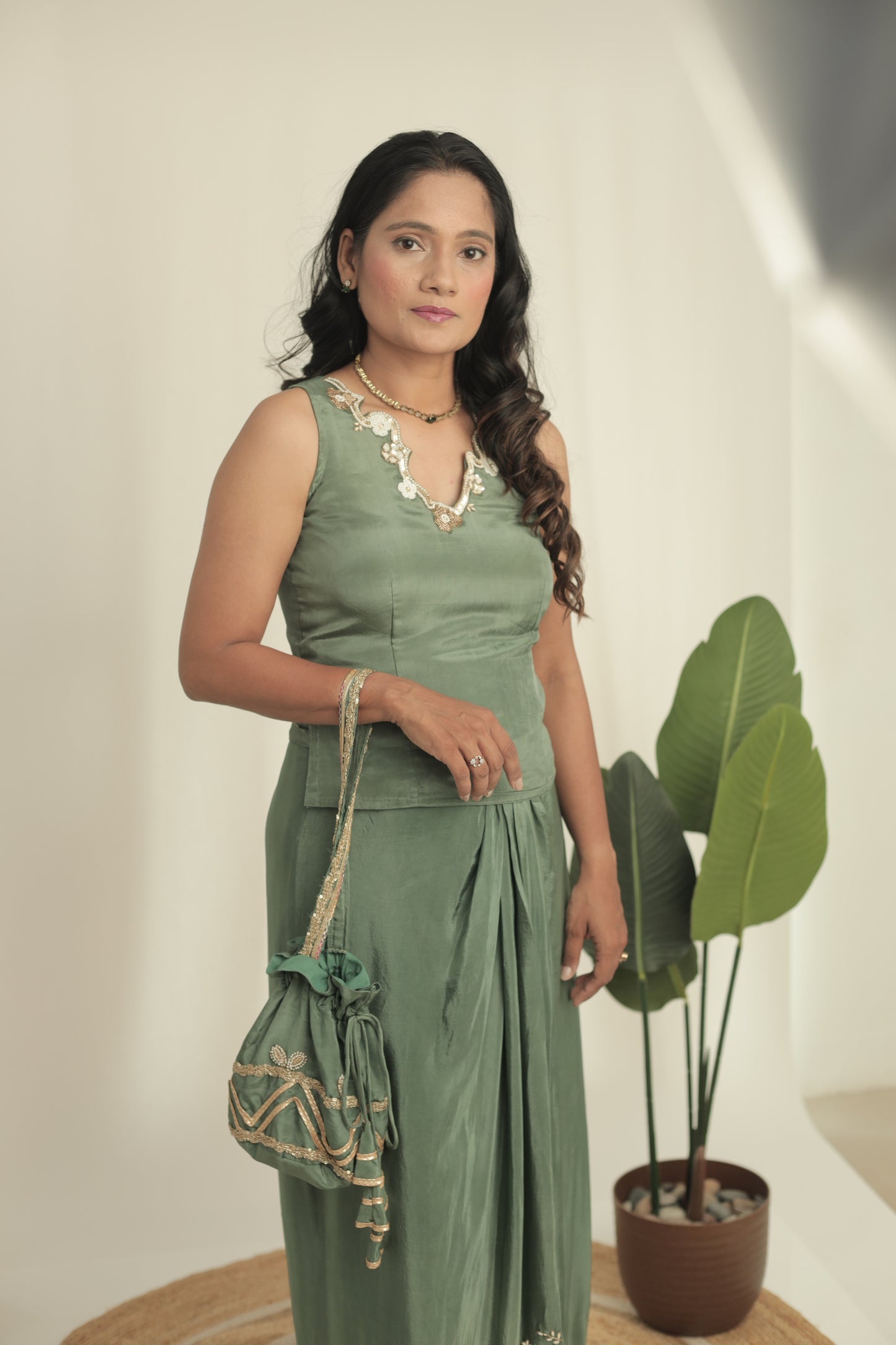 Sona Sage Green Drape Skirt Set