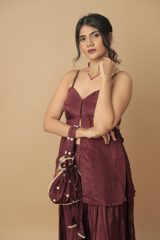 Mortantra Glass Organza Kurti Palazzo Set – Wine