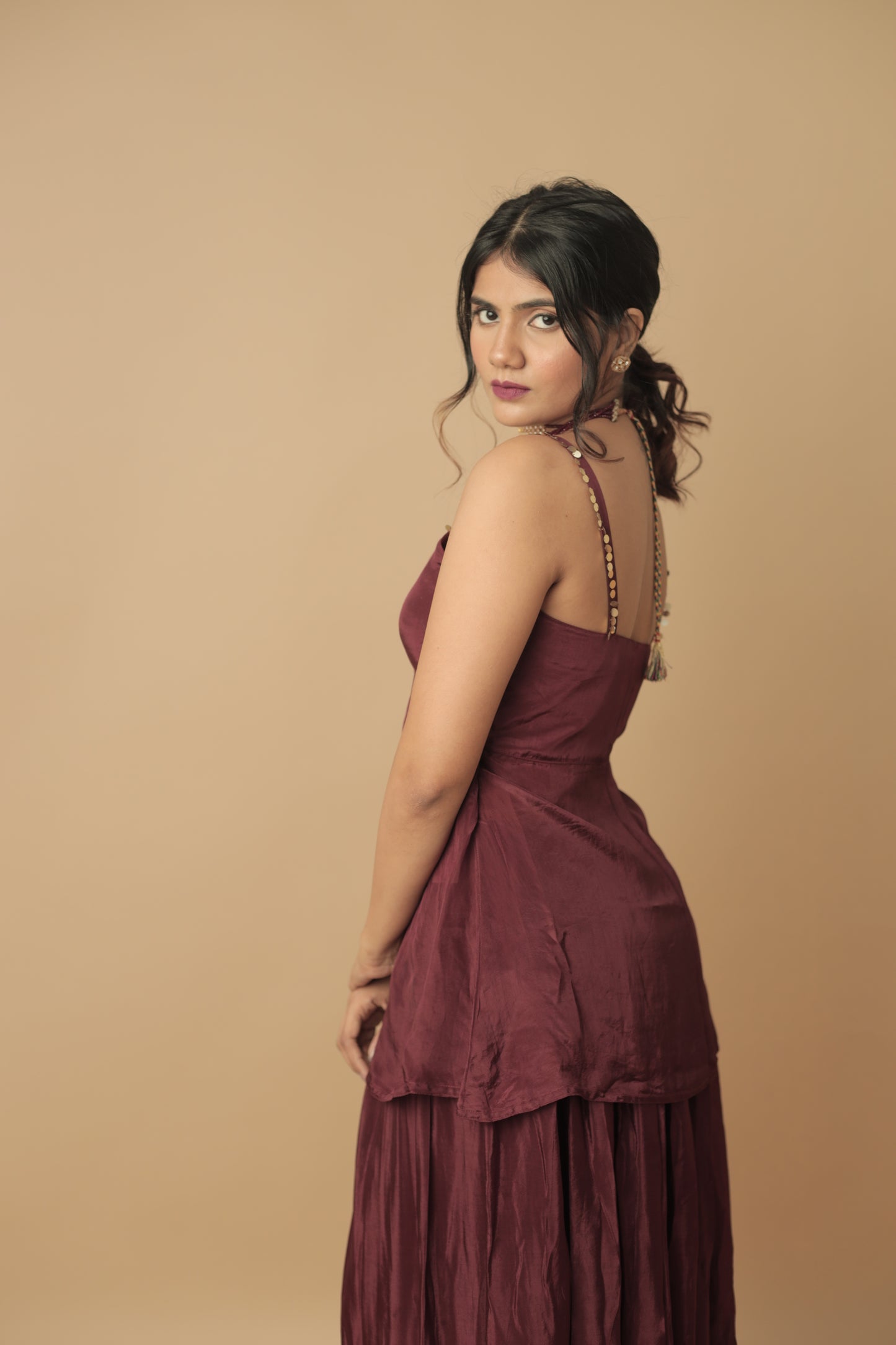 Mortantra Glass Organza Kurti Palazzo Set – Wine