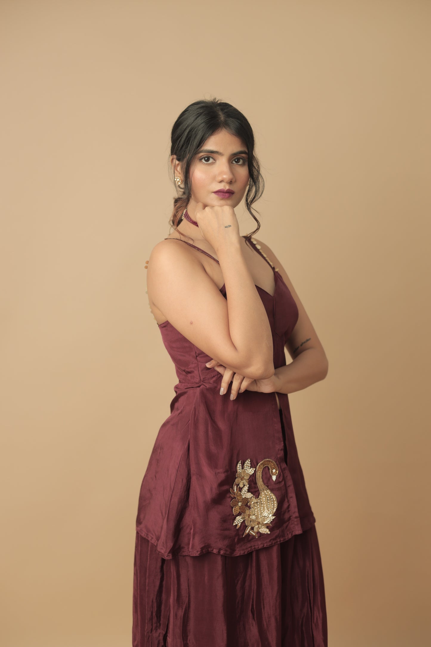 Mortantra Glass Organza Kurti Palazzo Set – Wine