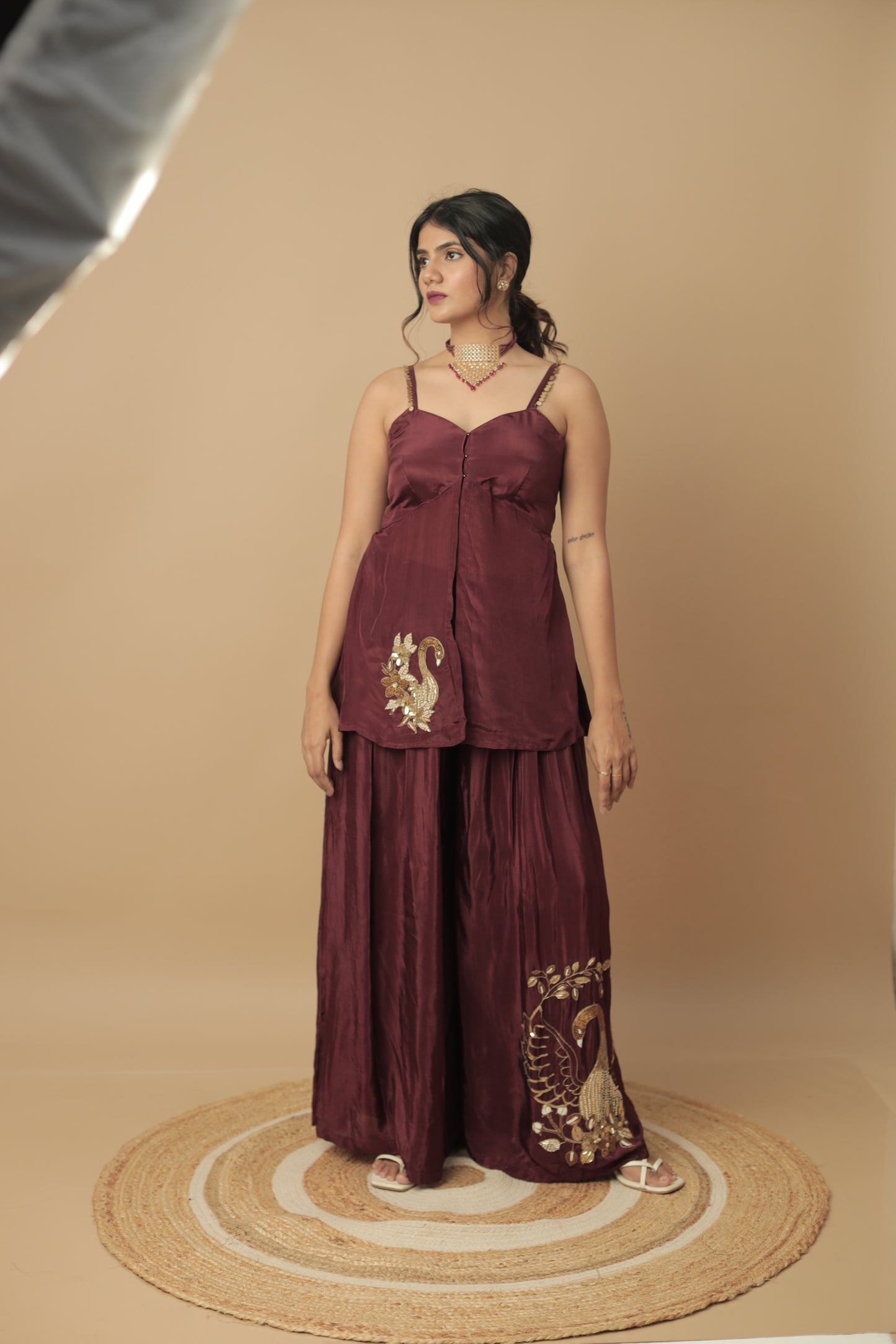 Mortantra Glass Organza Kurti Palazzo Set – Wine