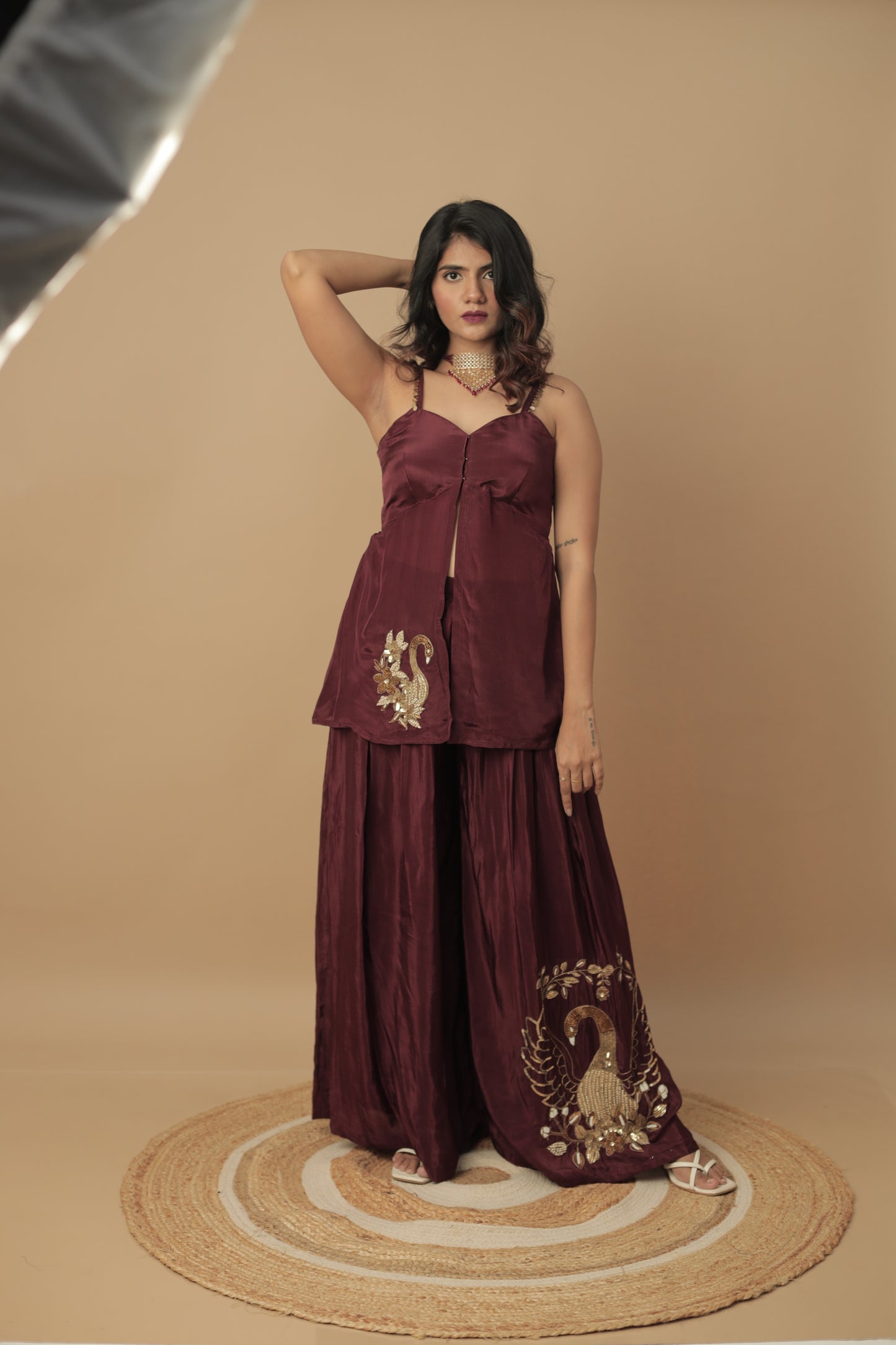 Mortantra Glass Organza Kurti Palazzo Set – Wine