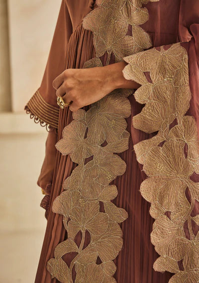 Rosewood Pleated Kurta Set with Embroidered Dupatta