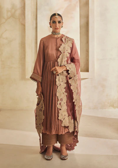 Rosewood Pleated Kurta Set with Embroidered Dupatta