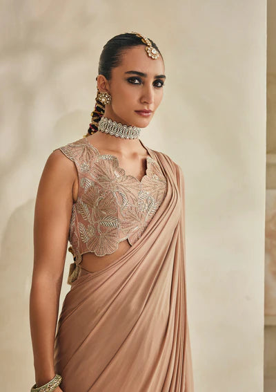 Beige Draped Saree with Embellished Blouse