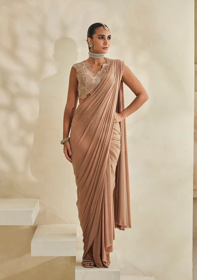 Beige Draped Saree with Embellished Blouse