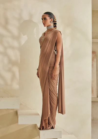 Beige Draped Saree with Embellished Blouse